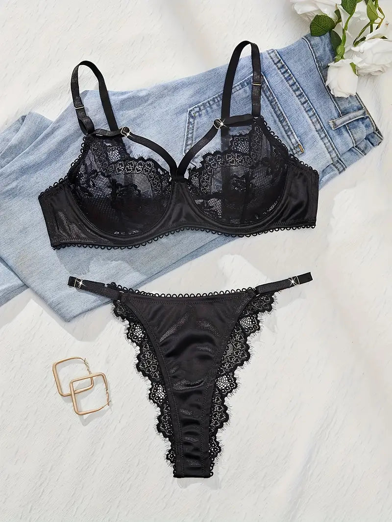 Ensemble de lingerie en dentelle pour femme, comprenant un soutien-gorge sexy à armatures et une culotte assortie. Le tissu tricoté de couleur unie et la dentelle contrastée élégant et séduisant