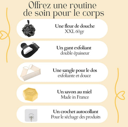 Coffret cadeau 5 pcs bien-être Bain Beauté Soin - Gant exfoliant corps Kessa gommage, sangle de dos, fleur de douche XXL, savon solide naturel