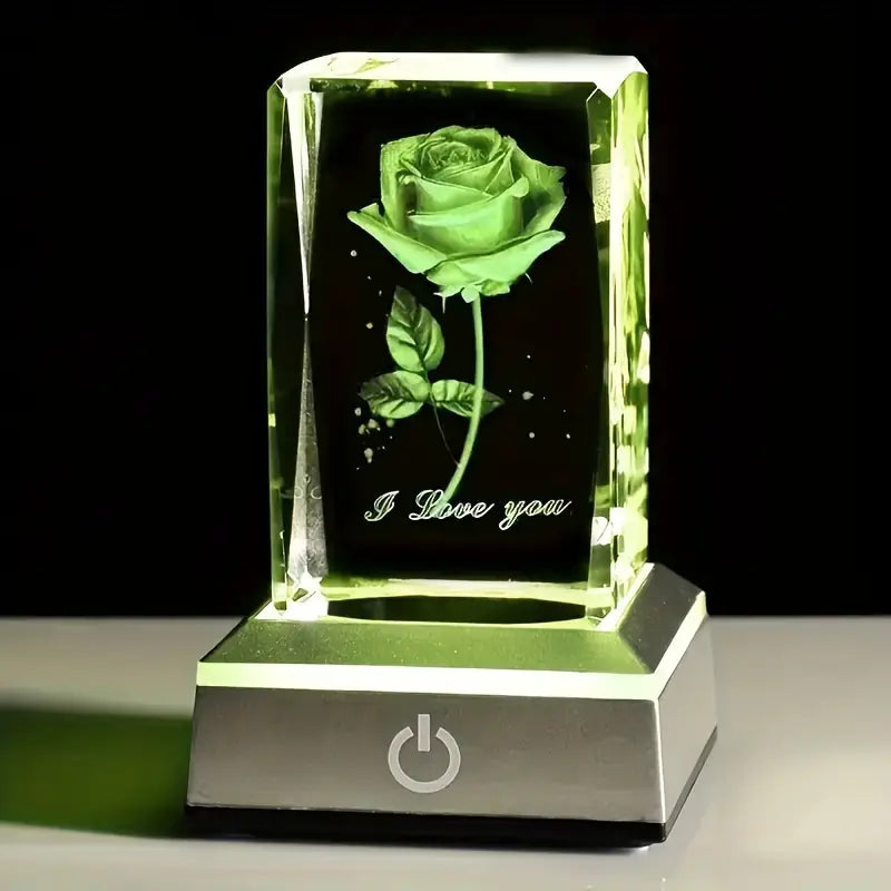 Veilleuse Colorée LED avec Rose en Cristal Sculptée en 3D