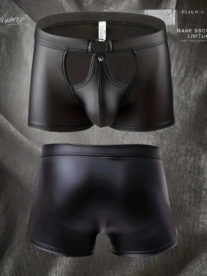 Boxer simili cuir, taille basse, entrejambe ouvert, sous-vêtements sexy