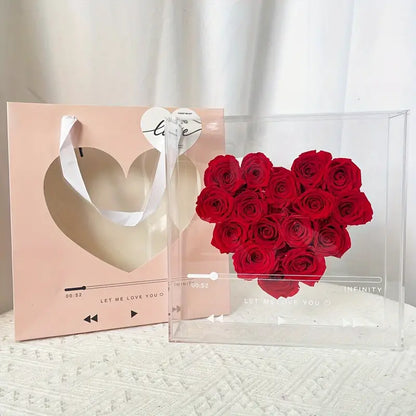 Boîte Cœur avec 16 Roses Éternelles - Roses Préservées dans un Coffret en Acrylique Transparent