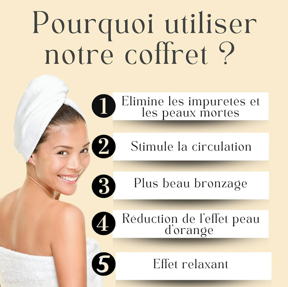 Coffret cadeau 5 pcs bien-être Bain Beauté Soin - Gant exfoliant corps Kessa gommage, sangle de dos, fleur de douche XXL, savon solide naturel