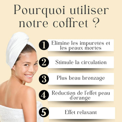 Coffret cadeau 5 pcs bien-être Bain Beauté Soin - Gant exfoliant corps Kessa gommage, sangle de dos, fleur de douche XXL, savon solide naturel