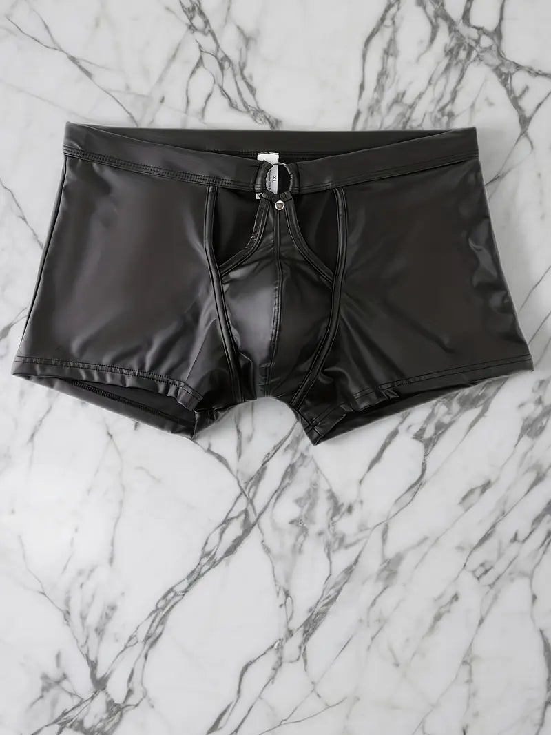 Boxer simili cuir, taille basse, entrejambe ouvert, sous-vêtements sexy