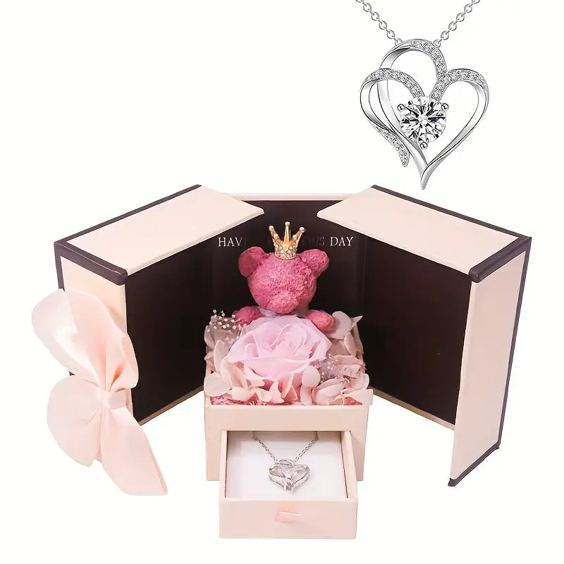 Boîte Cadeau Élégante avec Rose et Ours et Collier avec Pendentif Cœur