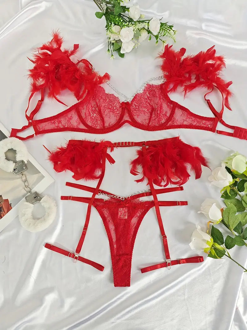 Ensemble lingerie élégante pour femmes, ornée de délicate dentelle et de détails en plumes transparentes