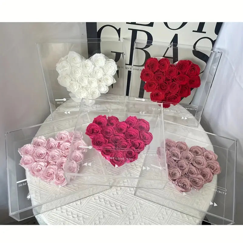 Boîte Cœur avec 16 Roses Éternelles - Roses Préservées dans un Coffret en Acrylique Transparent