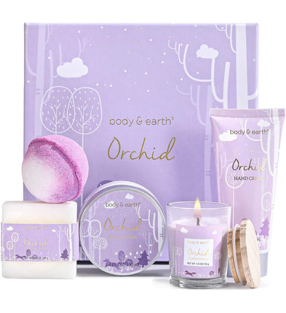 BODY & EARTH - 5Pcs Orchidée Set de Bain - Bougie Parfumée, Beurre pour le Corps, Crème Mains, Bombe de Bain, Coffret Soin Femme