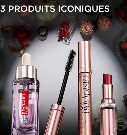 L'OREAL PARIS 3 Produits Soin & Maquillage - Sérum Repulpant Revitalift Filler, Mascara Noir Lash Paradise, Baume à Lèvres Glow Paradise