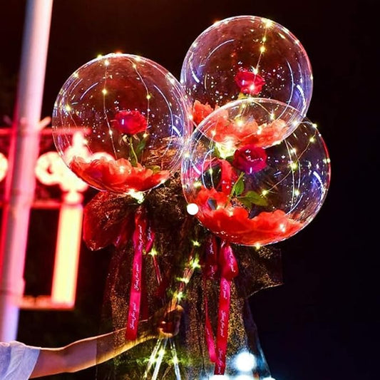 Ballon Transparent avec Lumières LED et Bouquet avec une rose rouge