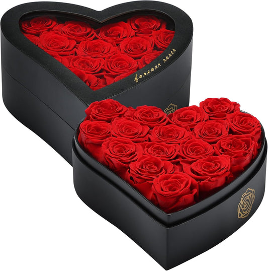 Lot de 16 roses éternelles dans une boîte en forme de cœur au design élégant et incurvé. Ces roses préservées de qualité A sont soigneusement sélectionnées pour leur beauté durable. Parfaites pour offrir en cadeau lors d'occasions spéciales.