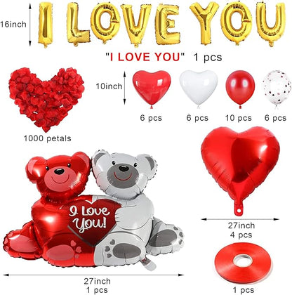 Kit de décorations pour la Saint-Valentin : ballons "I Love You", ballons en forme de cœur et 1 000 pétales de rose en soie rouge