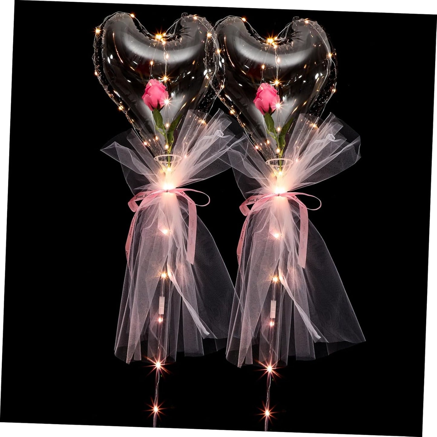 Ensemble de 2 bouquets de ballons lumineux en forme de cœur avec roses intégrées, fonctionnant sans piles