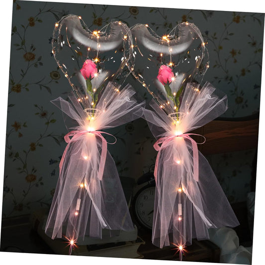 Ensemble de 2 bouquets de ballons lumineux en forme de cœur avec roses intégrées, fonctionnant sans piles