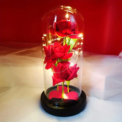 Roses Rouges Éternelles - Ensemble de 3 Fleurs Artificielles Éclairées par LED sous Dôme en Verre, Fonctionnant sur Piles (AAA)