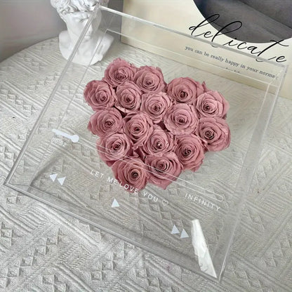 Boîte Cœur avec 16 Roses Éternelles - Roses Préservées dans un Coffret en Acrylique Transparent