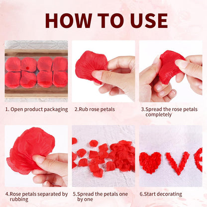 Lot de 1200 pétales de roses artificielles rouges, parfaits pour décorer une chambre ou créer une ambiance romantique.