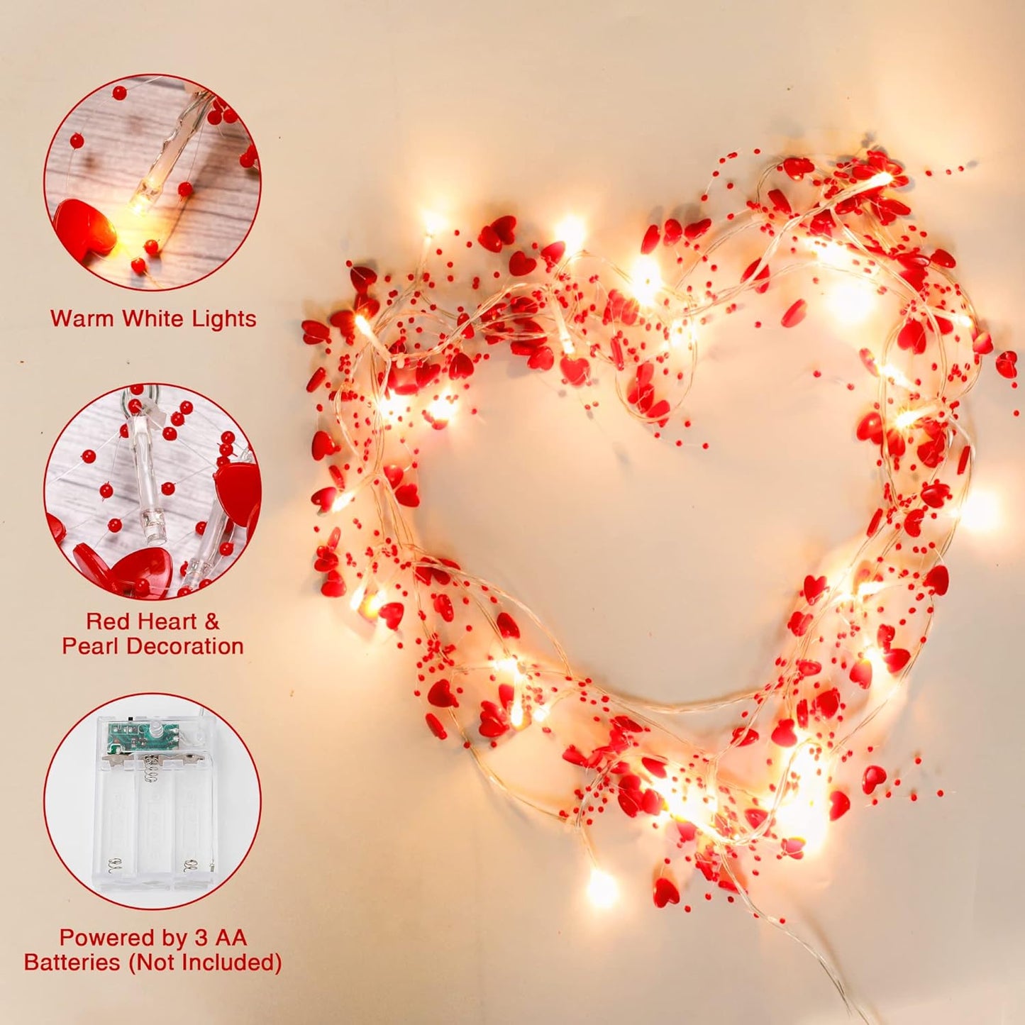 Guirlande lumineuse de 3 m avec 30 LED en forme de cœurs rouges, idéale pour la Saint-Valentin ou la décoration, fonctionnant à piles