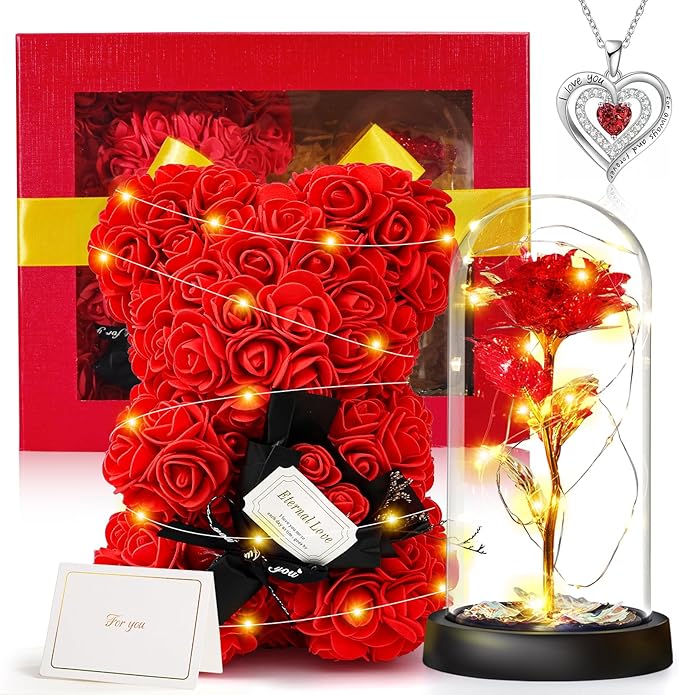 Coffret cadeau comprenant un ours en rose, une rose éternelle et un collier, une idée cadeau florale et romantique.