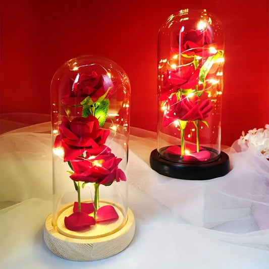 Roses Rouges Éternelles - Ensemble de 3 Fleurs Artificielles Éclairées par LED sous Dôme en Verre, Fonctionnant sur Piles (AAA)