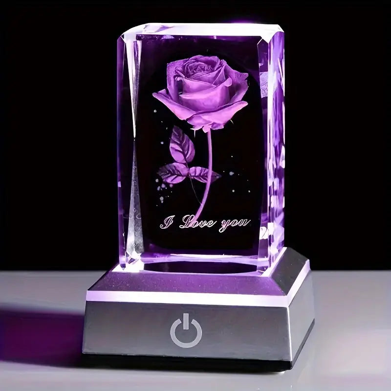 Veilleuse Colorée LED avec Rose en Cristal Sculptée en 3D