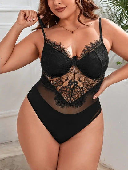 Body en Dentelle Imprimé Floral - Col en V, en Maille Semi-Transparente