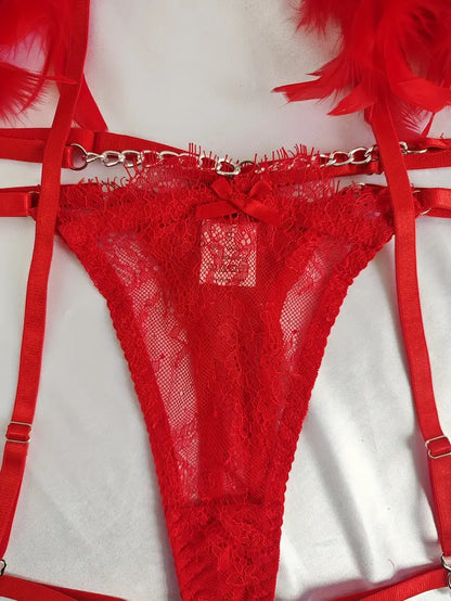 Ensemble lingerie élégante pour femmes, ornée de délicate dentelle et de détails en plumes transparentes