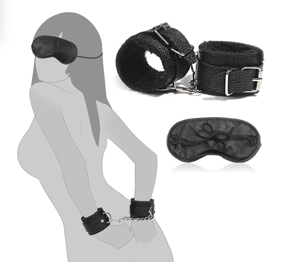 BDSMYOU Menottes Lit Sexe Peluche & Masque Pour Les Yeux,Ensemble De Bondage Set