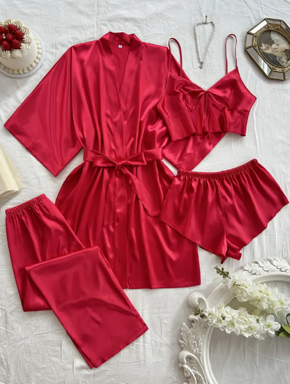 Ensemble de pyjama en satin 4 pièces pour femme : robe sexy à col en V, mini-haut de lingerie, short et pantalon long