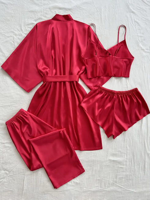 Ensemble de pyjama en satin 4 pièces pour femme : robe sexy à col en V, mini-haut de lingerie, short et pantalon long