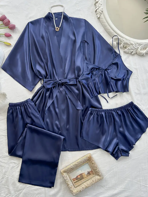 Ensemble de pyjama en satin 4 pièces pour femme : robe sexy à col en V, mini-haut de lingerie, short et pantalon long