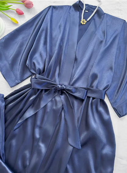 Ensemble de pyjama en satin 4 pièces pour femme : robe sexy à col en V, mini-haut de lingerie, short et pantalon long