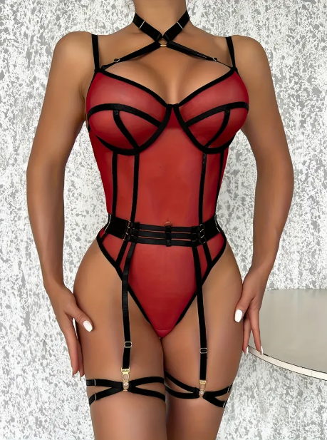 Body en maille transparente sexy pour femme avec choker et ceinture à bretelles, lingerie en maille transparente tricotée, tissu respirant