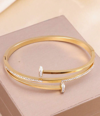 1 pièce Bracelet en acier inoxydable pour femme avec double cercle à strass, accessoire quotidien à la mode