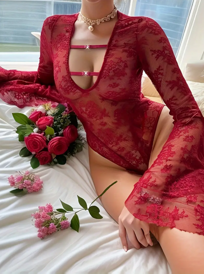 Body Teddy en dentelle florale élégant et séduisant, avec un design dos nu et des manches longues, parfait pour une allure raffinée et audacieuse