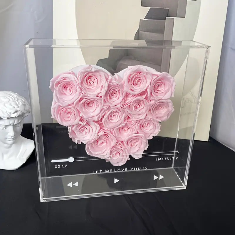 Boîte Cœur avec 16 Roses Éternelles - Roses Préservées dans un Coffret en Acrylique Transparent