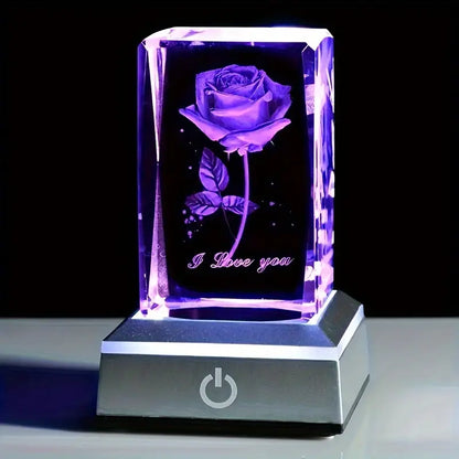 Veilleuse Colorée LED avec Rose en Cristal Sculptée en 3D