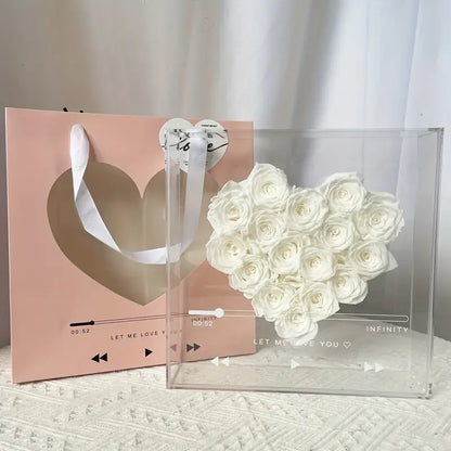 Boîte Cœur avec 16 Roses Éternelles - Roses Préservées dans un Coffret en Acrylique Transparent