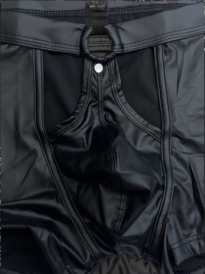 Boxer simili cuir, taille basse, entrejambe ouvert, sous-vêtements sexy